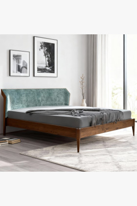 Zöld kárpitozott retro franciaágy 180x200 cm, diófa váz